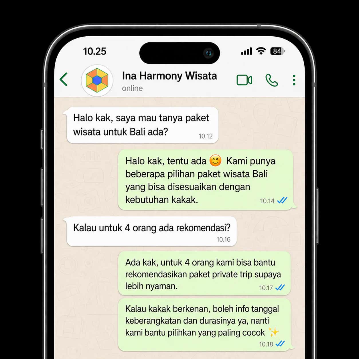 Percakapan konsultasi paket wisata melalui WhatsApp dengan Ina Harmoni Wisata